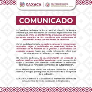 Gobierno de Oaxaca recomienda a sus ciudadanos no transitar por carreteras de Veracruz