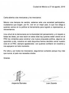 Este martes, la ex candidata al gobierno capitalino, Alejandra Barrales anunció a través de redes sociales, que ella y Juan Zepeda renunciaron al Partido de la Revolución Democrática.