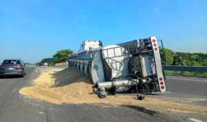 Semillas quedan regadas tras volcadura de tráiler